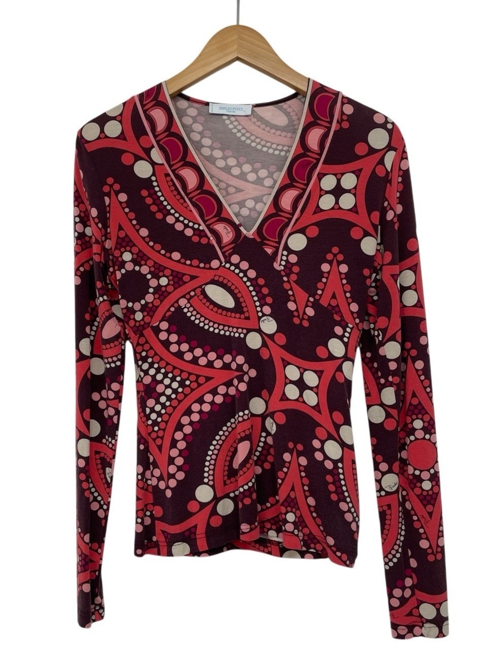 Emilio Pucci Burgundy and Red Abstract Print V-Neck Sweater